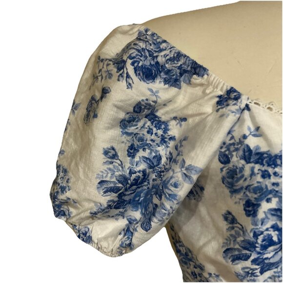 Babydoll Shirt Boho Milkmaid Coquette Floral Puff Sleeves Lace Cropped Smocked S - Picture 3 of 11